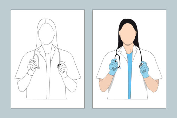 Woman Doctor Coloring Book Vector: Graphics for Coloring Pages Amp